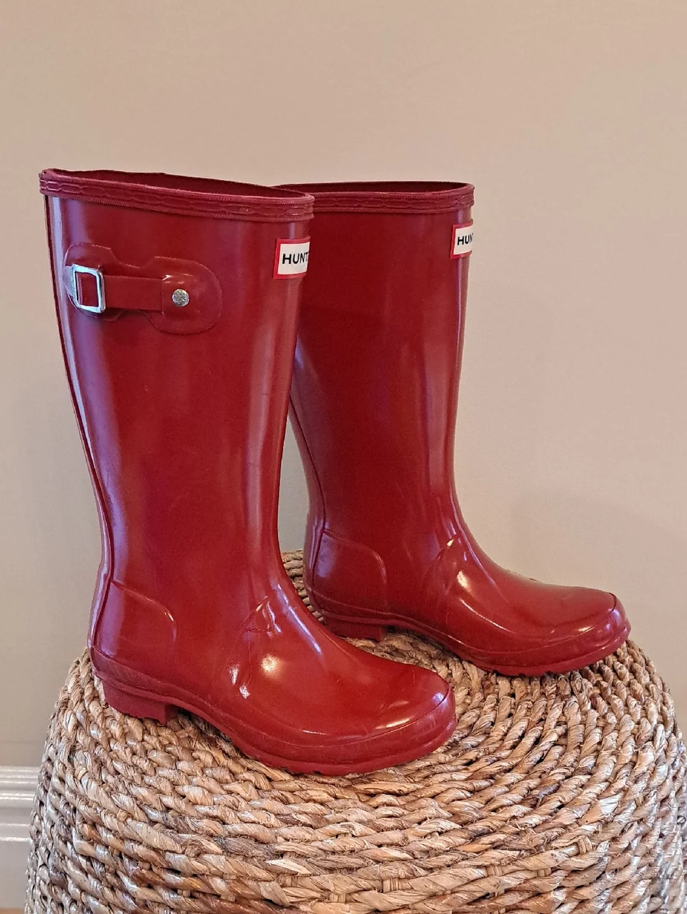 Hunter Youth Unisex Cherry Red Rubber Glossy Rubber Wellington Rain Boots B4/G4